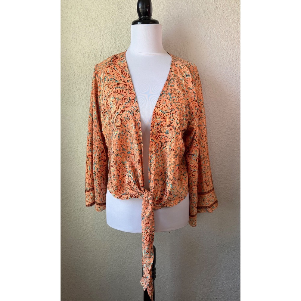 Bigg Bull Orange Paisley Silk Blend Tie Front Bell Sleeve Crop Top Boho Festival